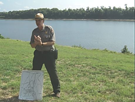 A US park ranger shows and tells visitors the importance of Pittsburg Landing and the strategies attempted during the Shiloh battles