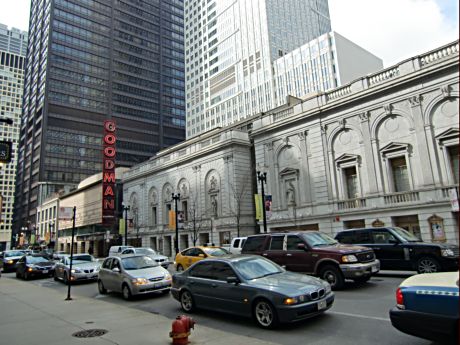 When the Goodman Theatre moved from its Art Institute of Chicago space to Dearborne Street it kept the historic facades of former landmark theatres but redid the inside as comfortable and casual.  