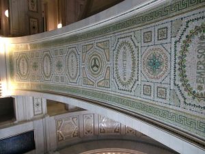 Mosaics line stairway and walls in Chicago Culture Center known as the 'People's Palace' Photo by Jodie Jacobs