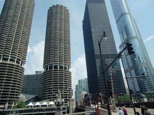 The Marina Twin Towers on the Chicago River are on architecture boat tours and the Chicago Film Tour. Photo by Jodie Jacobs