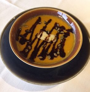 Pumpkin bisque that is sweet and savory with the added balsamic.