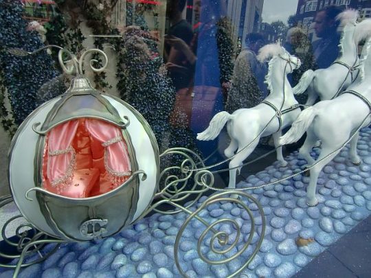 Holiday windows in the Knightsbridge Sloan shopping area often tell stories such as Cinderella a few years ago.