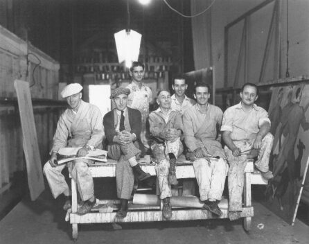Warner Brothers scenic artists (ca. 1930). (L-to- R) Verne Strang, Bill McConnell, Frankie Cohen, Charley Wallace, Jack Brooks, James McCann, Emmett Alexander (Ed Strang Collection, from the book The Art of the Hollywood Backdrop, by Karen L. Maness and Richard Isackes. (IPhoto courtesy of Maness)