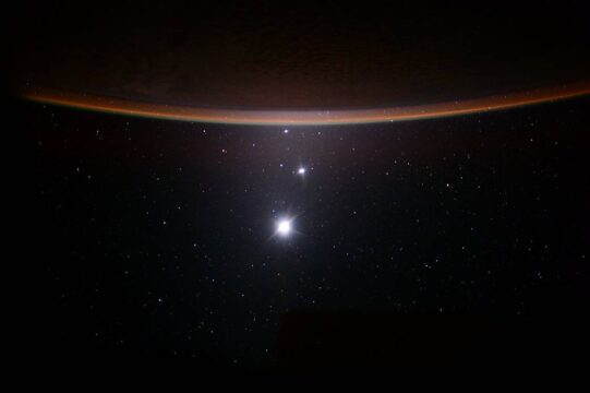 Venus, Jupiter, Moon shine from Space station. (Photo taken by former Nasa astronaut Scott Kelly NASA photo)